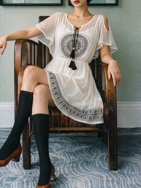 Silk Chiffon Dress w/ Contrast Embroidery (1007)